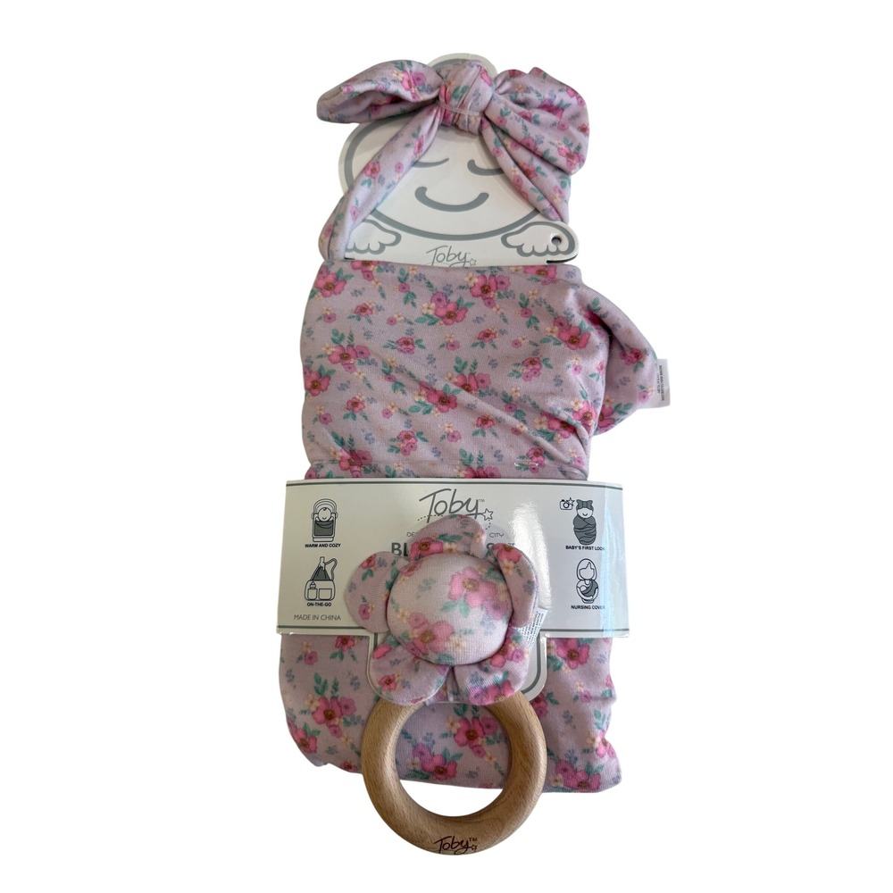 Toby Blanket Set Infant OS Pink New Floral Swaddle Headband Rattle 3pc